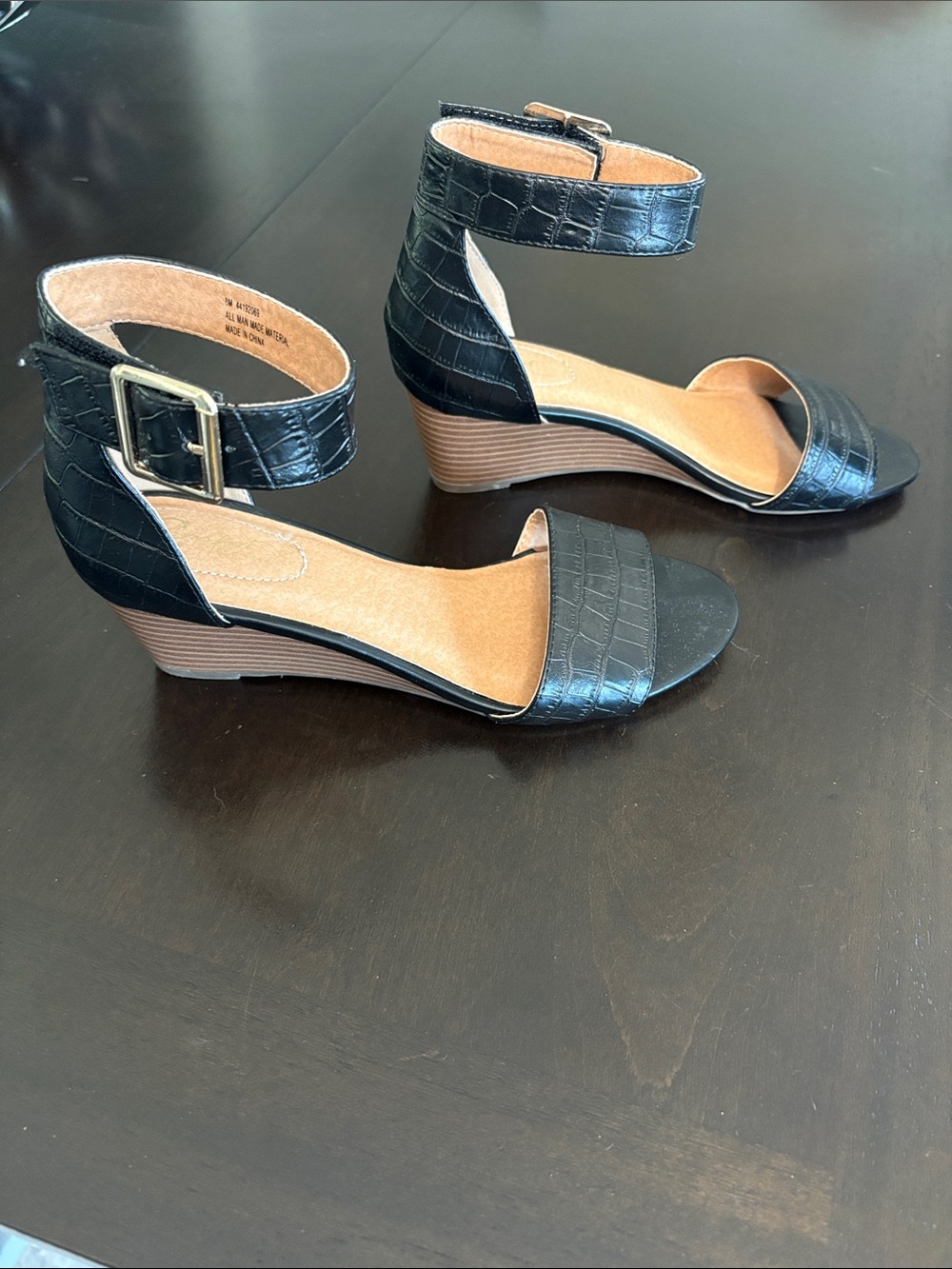 Crocodile-Embossed Black Ankle-Strap Wedge Sandals